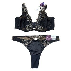 Cacique Black Lace Bra 40D Thong Panty 14/16 Gold Leopard Lingerie Set NWT